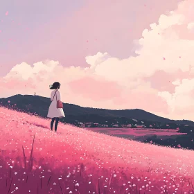 Pink Flower Field with Woman