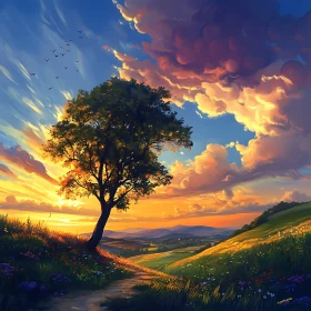 Sunset Over Rolling Hills with Tree