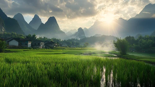 Verdant Rice Terraces and Mountain Peaks