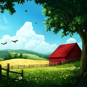 Rural Landscape with Barn and Meadow