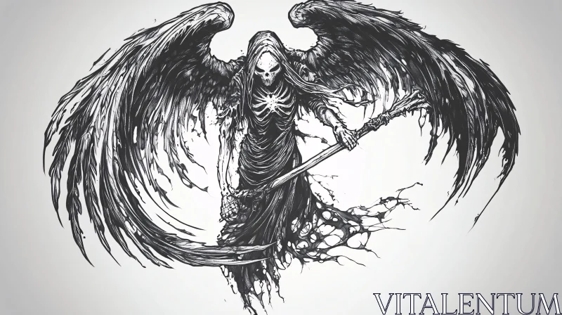 Monochrome Skeleton Art with Wings AI Image