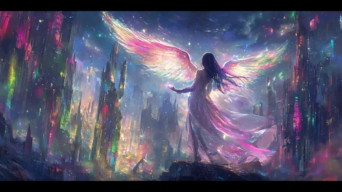 Winged Guardian Overlooking a Glowing Metropolis
