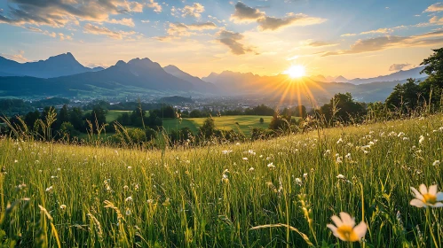 Sunset Over Mountain Landscape with Flowers
