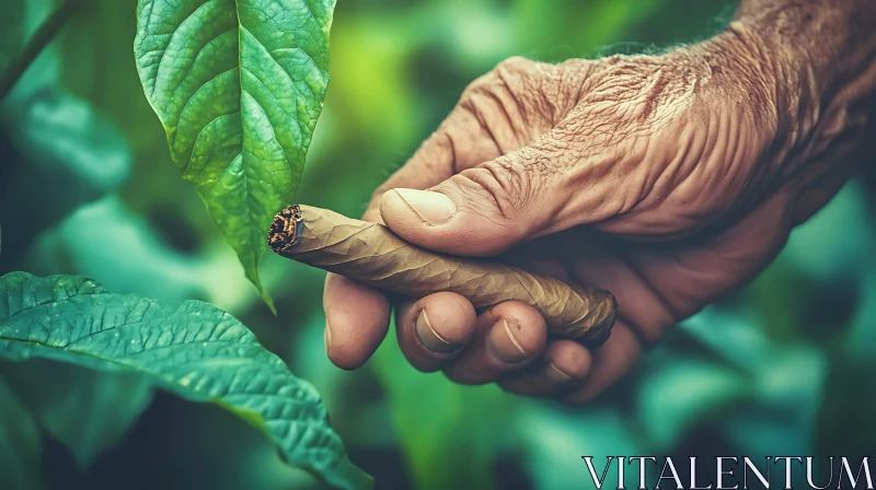 Aged Hand Holding Cigar with Green Leaves AI Image