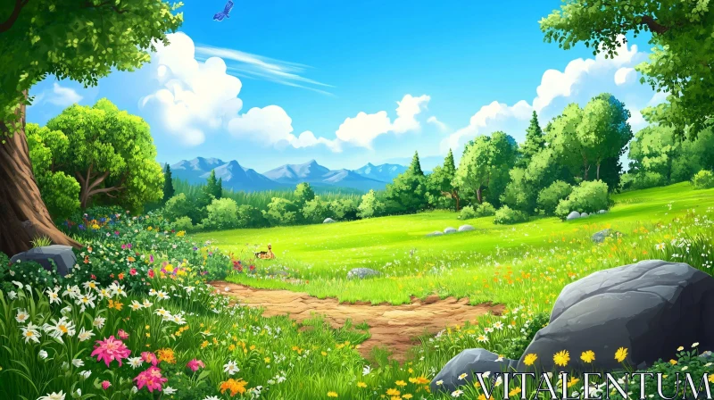 Picturesque Meadow Scene with Blue Sky AI Image