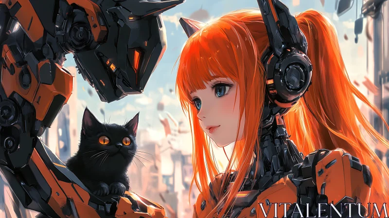 Futuristic Cyborg Girl and Black Cat AI Image