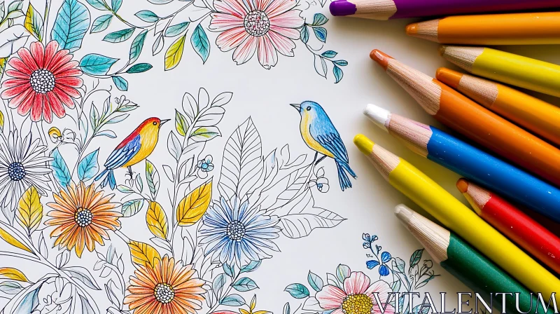 Birds and Flowers Art with Pencils AI Image