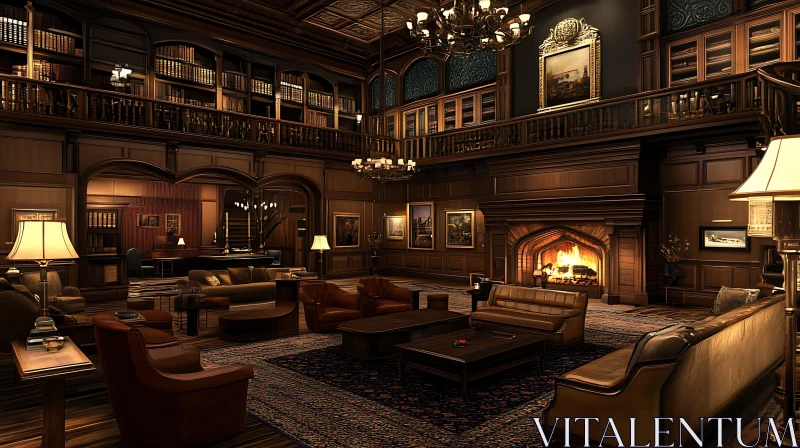 Opulent Library Room with Warm Fire AI Image