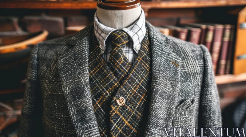 Elegant Gray Tweed Suit with Geometric Waistcoat and Tie | Fashion Magazine AI Image