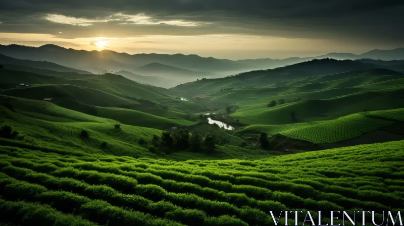 Emerald Tea Field at Sunset: A Tranquil Landscape AI Image