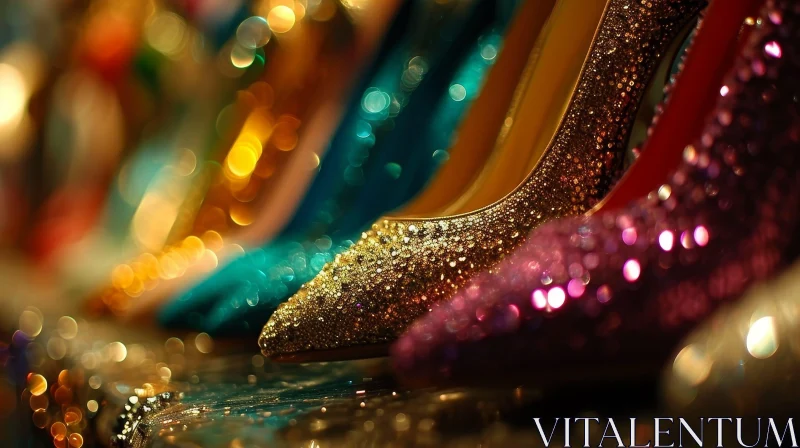 Enchanting Glitter High Heels | Dazzling Row of Women's Shoes AI Image