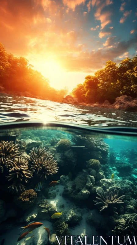 Enchanting Underwater Sunset and Coral Reef - A Captivating Nature-Inspired Image AI Image