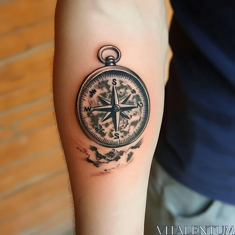 Black Ink Compass Tattoo with Subtle Map Elements AI Image