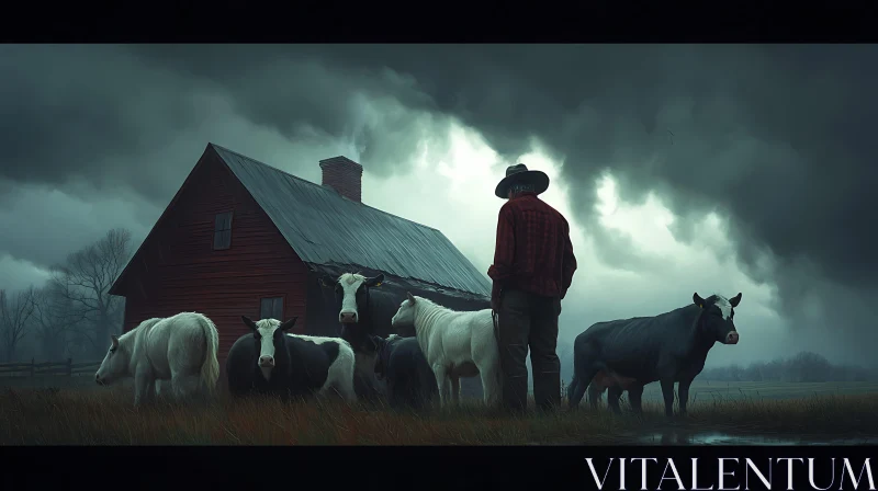 Farmer with Cows by Barn AI Image