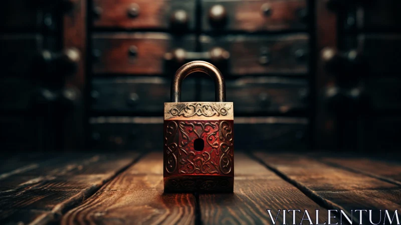 AI ART Golden Padlock on Wooden Table - Steampunk Inspired