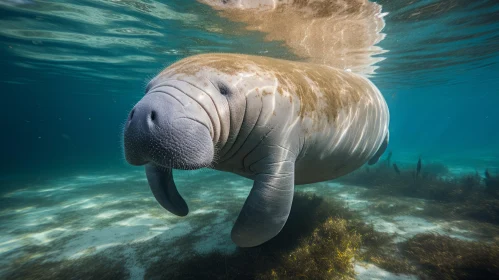 Manatee Swimming in Shallow Waters with Emerald Tones