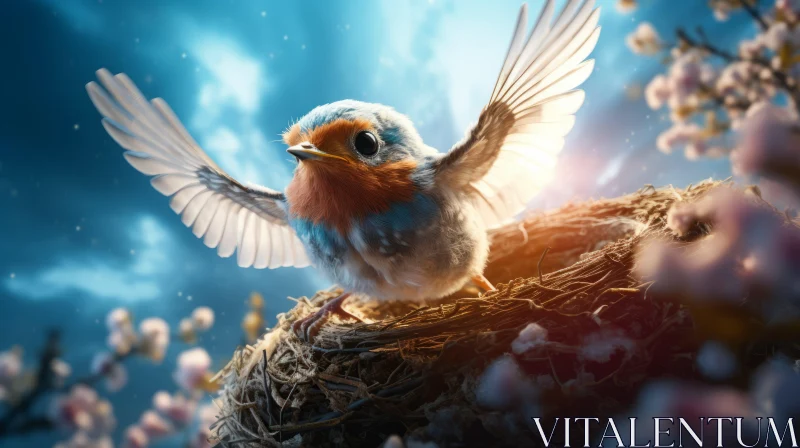 Nature-Inspired Fantasy Art - Bird in Nest with Spread Wings AI Image