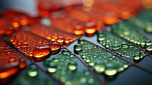 Nature's Intricacy: Water Droplets on Leaves in Dark Orange and Light Emerald