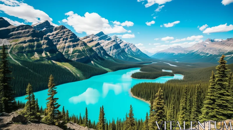 Serene Lake and Majestic Mountains in Canada: A Vintage-Inspired Pop-Culture Infused Image AI Image