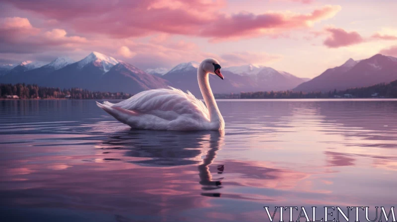 Serene Swan on Lake at Sunset with Mountain Background AI Image
