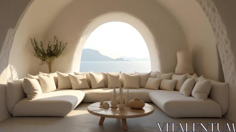 AI ART Serene White Couches Next to an Archway with Serene Oceanic Vistas
