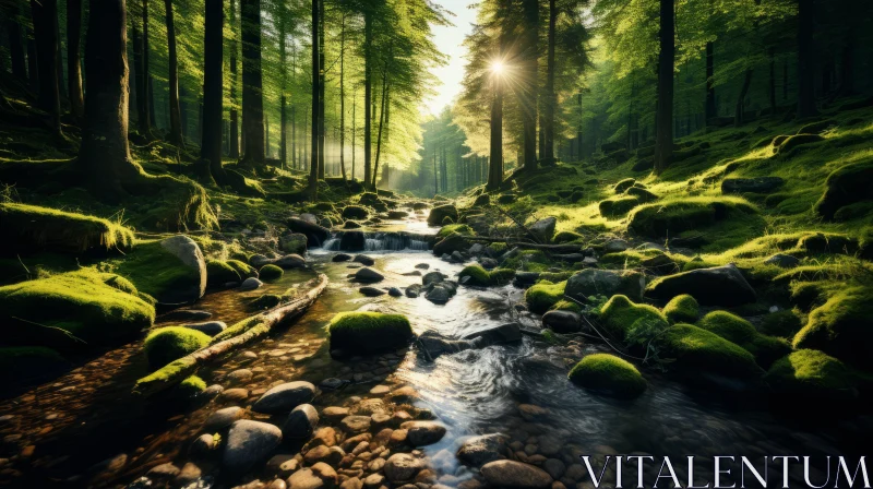 Sunlit Forest Stream - Inspiring Nature Landscape AI Image