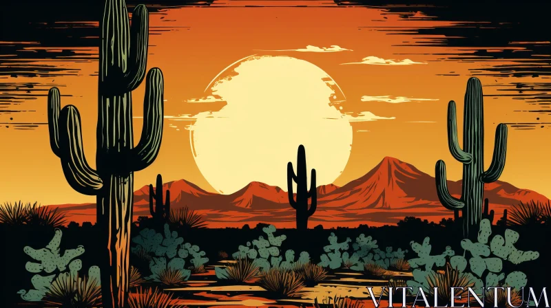 Vintage Poster Style Desert Landscape with Cactus at Sunset AI Image
