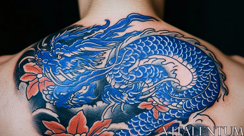 Intricate Blue Dragon Tattoo with Floral Design AI Image