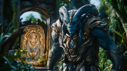 Blue-Skinned Guardian in Ornate Armor