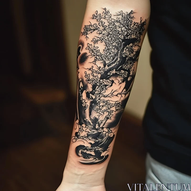 Black Ink Tree Tattoo on Forearm AI Image