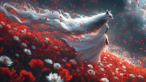 Ethereal Fox Among Red Flowers