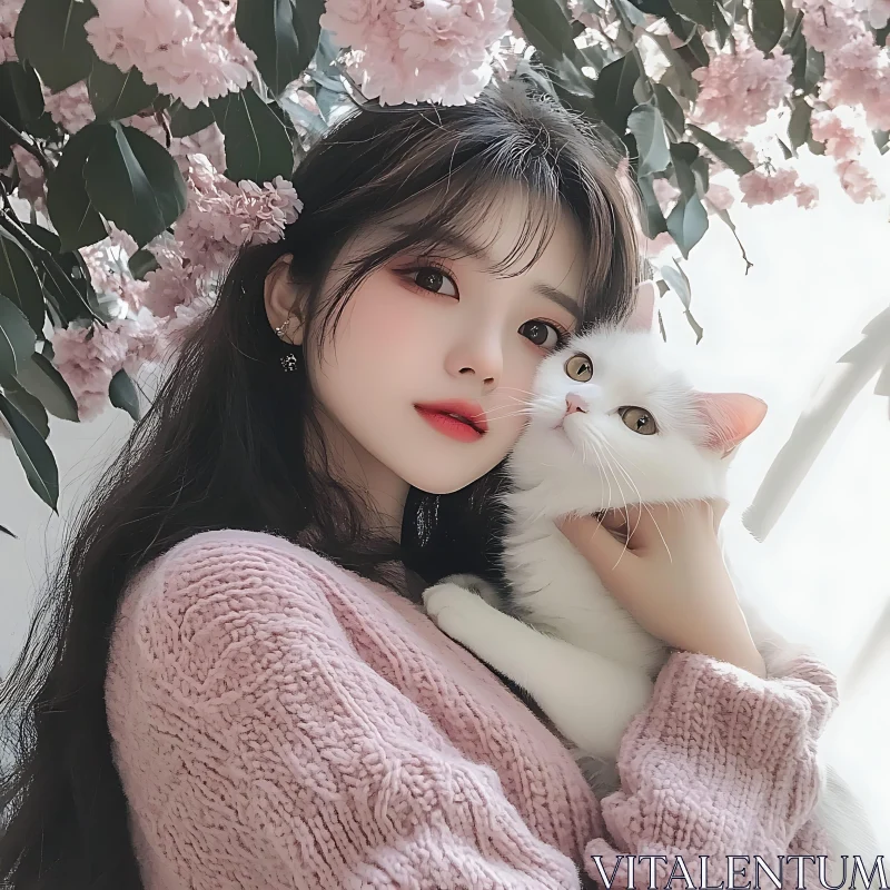 Girl Holding a Cat With Flowers AI Image