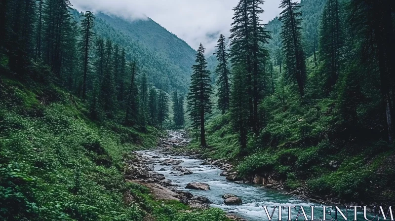 Tranquil Forest River with Mountain Scenery AI Image