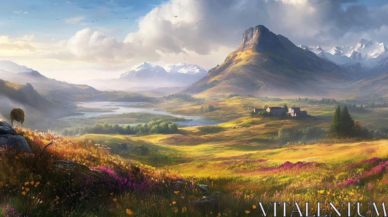 AI ART Idyllic Mountain Valley with Lush Meadow