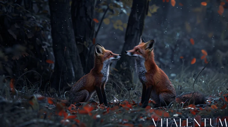 Two Foxes in Autumn Forest AI Image