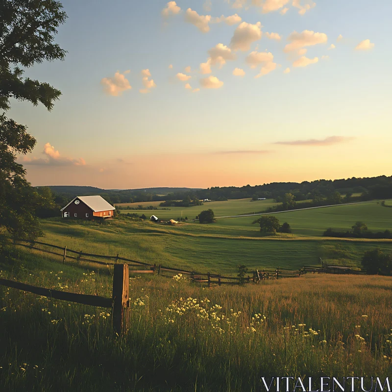 AI ART Pastoral Scene with Barn and Meadow