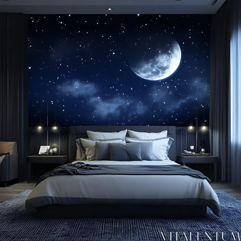 AI ART Starry Night Bedroom with Moon Mural