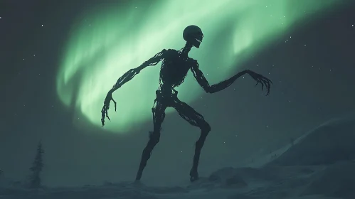 Skeletal Figure Under Northern Lights