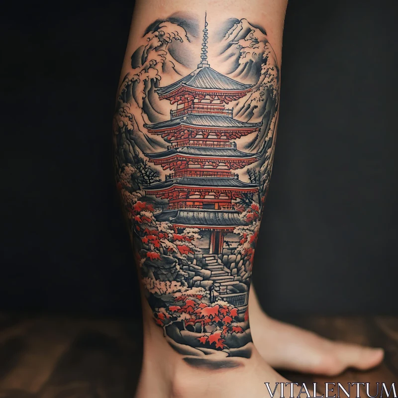 Traditional Japanese Pagoda Tattoo AI Image