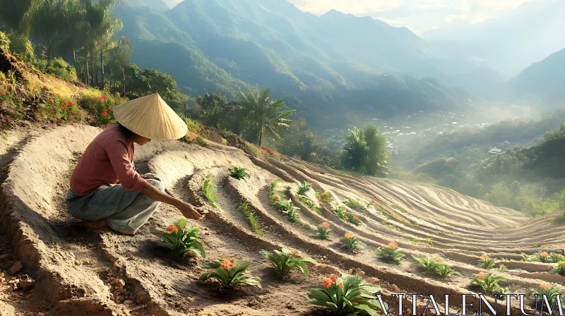 AI ART Asian Farmer Cultivating Terraced Landscape