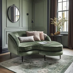 Green velvet chaise lounge in tranquil room