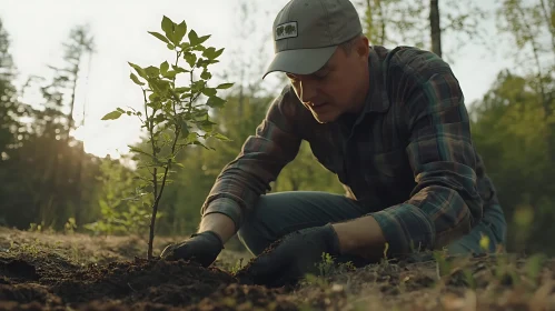 Man Planting Tree Sapling in Forest
