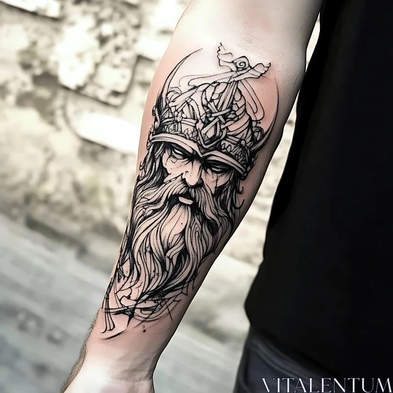 Detailed Forearm Tattoo of a Bearded Warrior AI Image