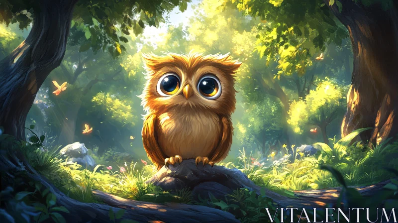 Magical Owl and Butterflies in Forest AI Image