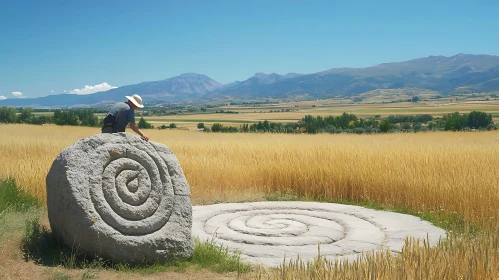 Man Examines Carved Stone in Wheat Field