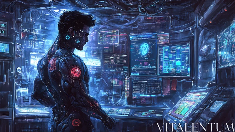 Advanced Cyborg in Digital Command Center AI Image