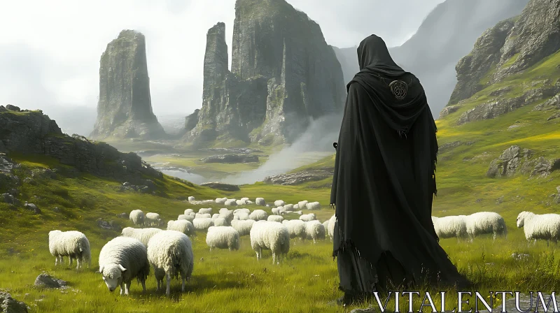 AI ART Cloaked Figure Overlooking Sheep in Mountain Valley