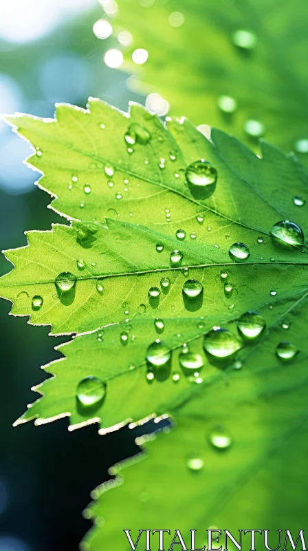 Close-Up Shot of a Leaf with Water Drops - Nature Scene AI Image