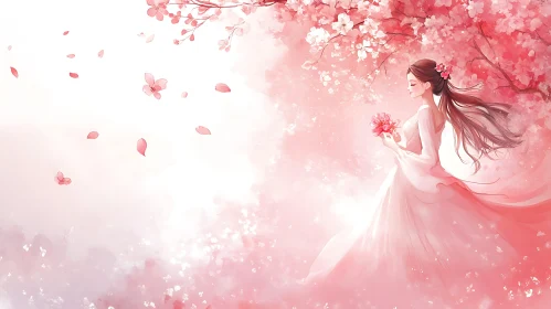 Pink Dress Girl Under Blossom Tree