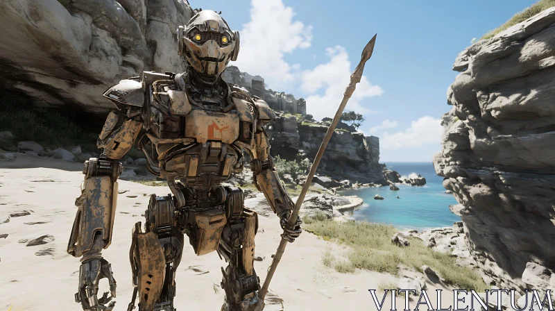 Weathered Robot on Sandy Beach AI Image